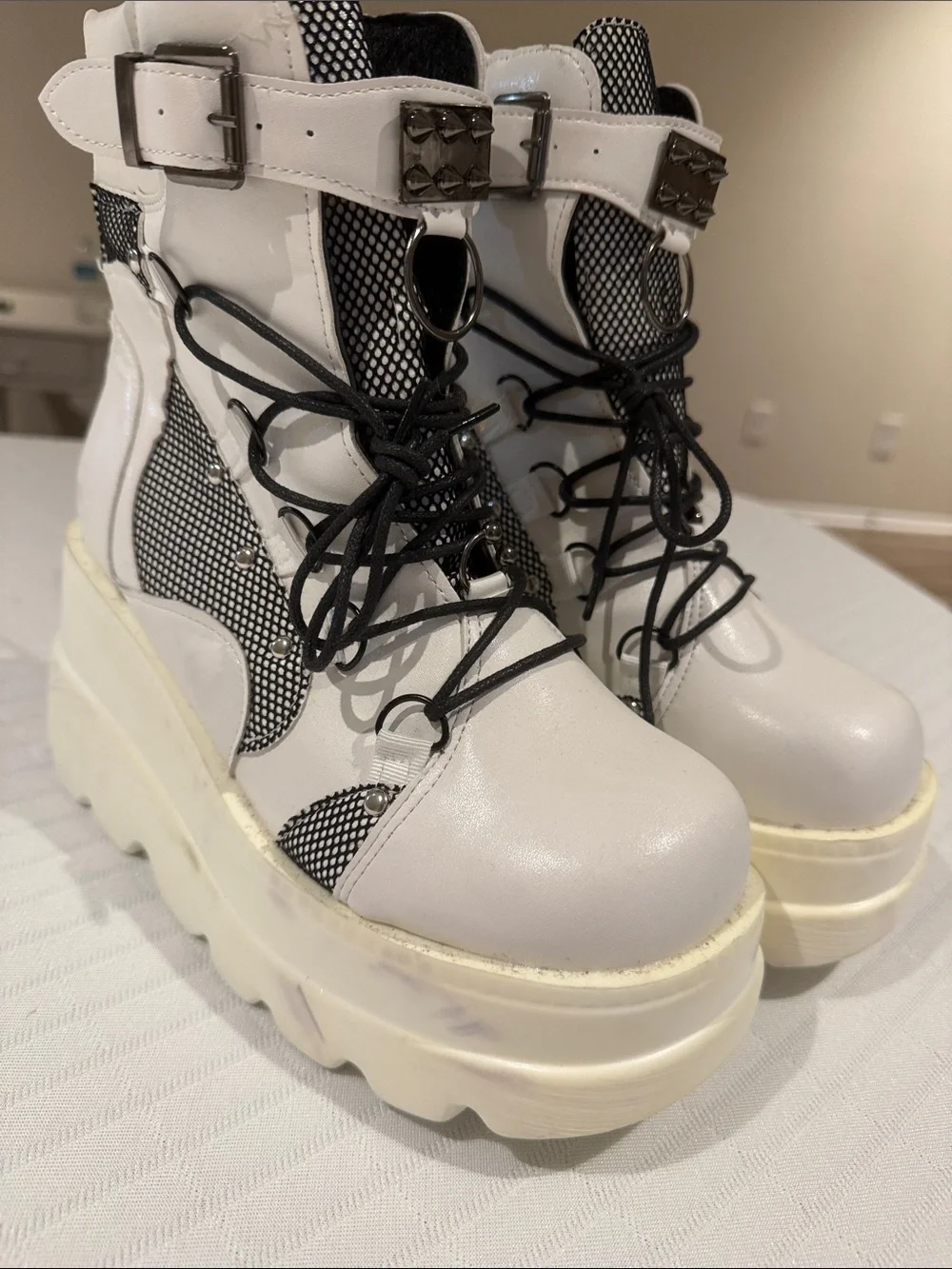 White Platform Combat Boots with Black Accents